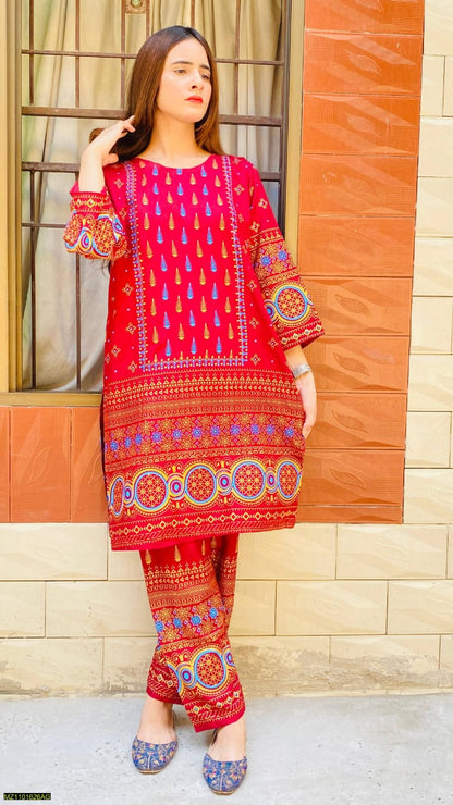 2 Pcs Women's Stitched Linen Printed Suit