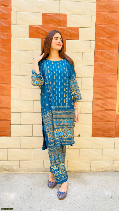 2 Pcs Women's Stitched Linen Printed Suit