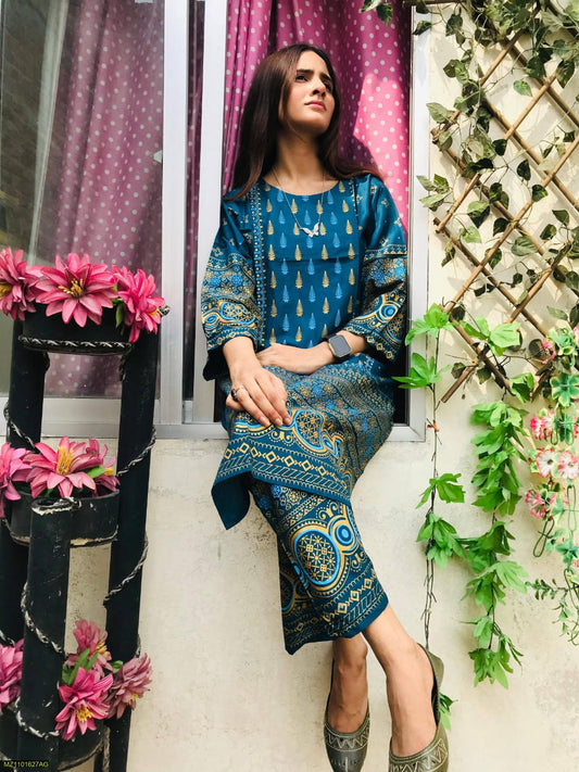 2 Pcs Women's Stitched Linen Printed Suit