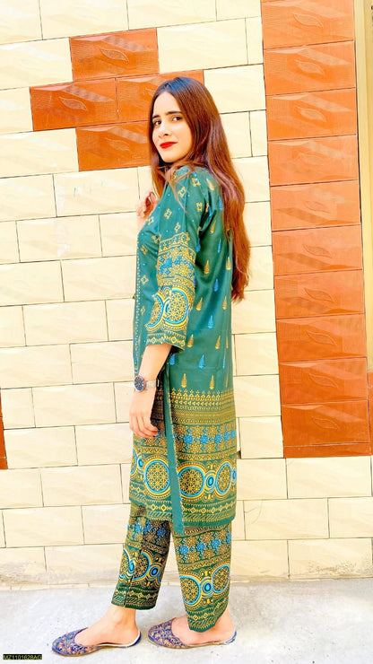 2 Pcs Women's Stitched Linen Printed Suit