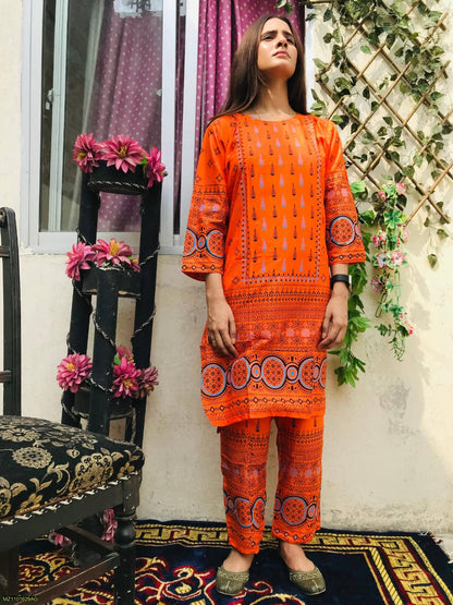 2 Pcs Women's Stitched Linen Printed Suit