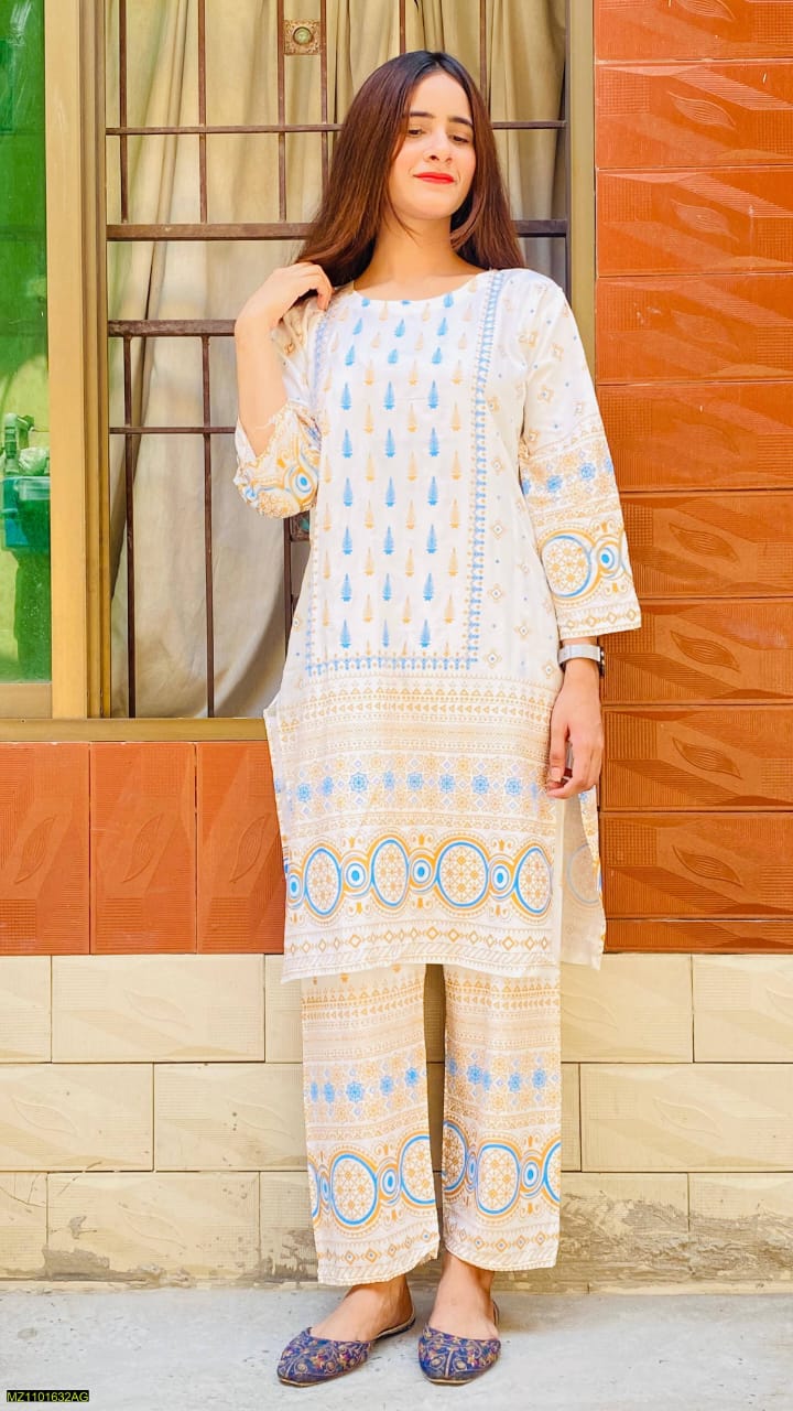 2 Pcs Women's Stitched Linen Printed Suit