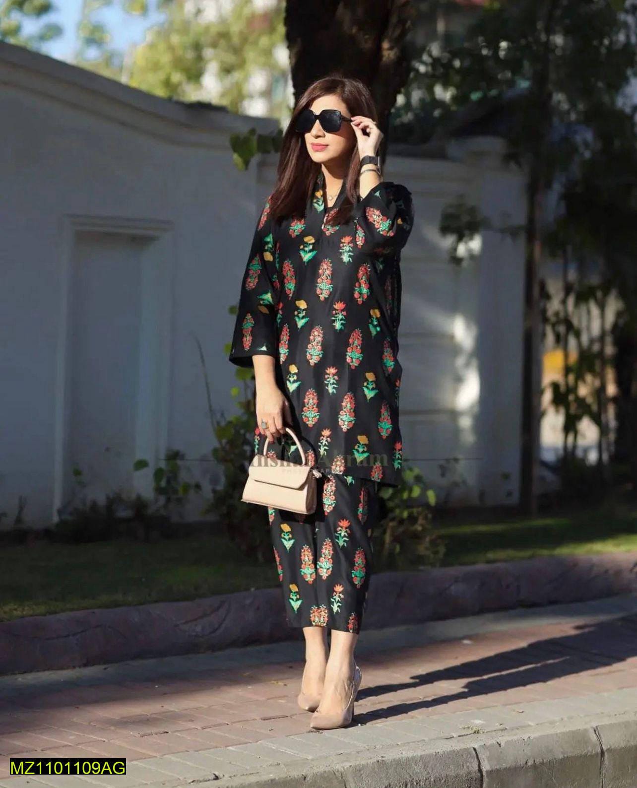 2 Pcs Women's Stitched Linen Block Printed Suit