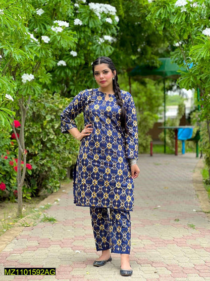 2 Pcs Women's Stitched Linen Printed Suit