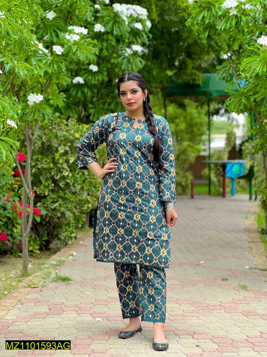 2 Pcs Women's Stitched Linen Printed Suit