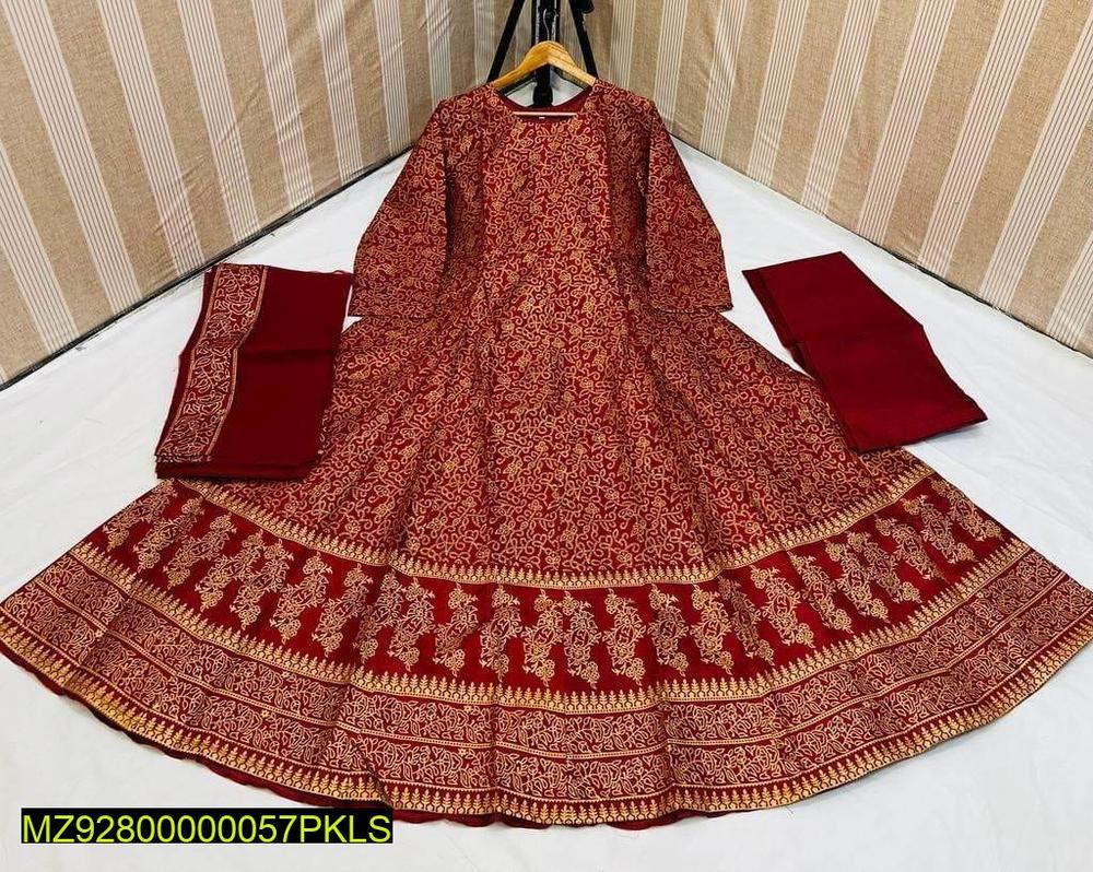 3 Pcs Women's Stitched Katan Silk Printed Suit